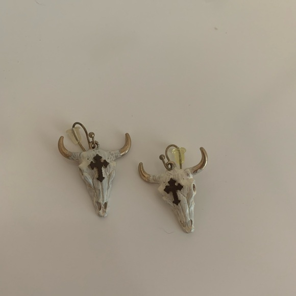 Gold and White Bull Skull Earrings - Picture 3 of 6